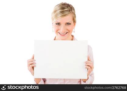 Happy businesswoman hold blank advertising banner on white