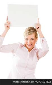 Happy businesswoman hold up blank advertising banner above head on white