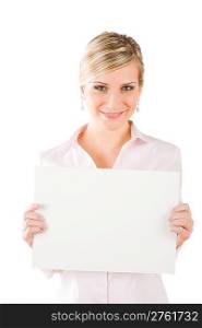 Happy businesswoman with blank advertising banner on white