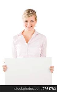 Happy businesswoman with blank advertising banner on white