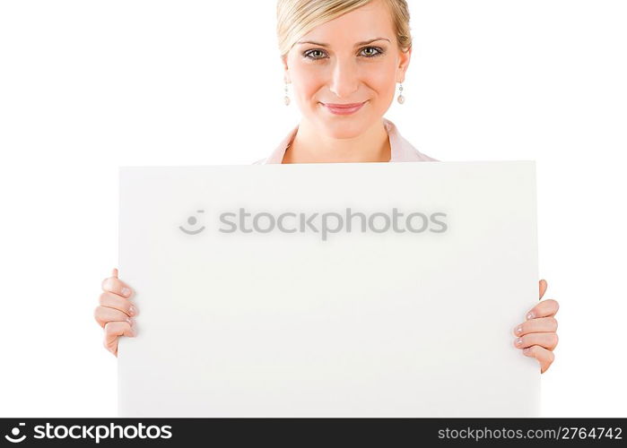 Happy businesswoman with blank advertising banner on white