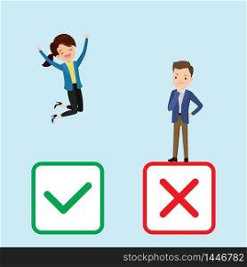 Happy businesswoman with chooses green yes and jump,sad caucasian with red no checkbox,color checkboxes selection,concept of right choice,flat vector illustration
