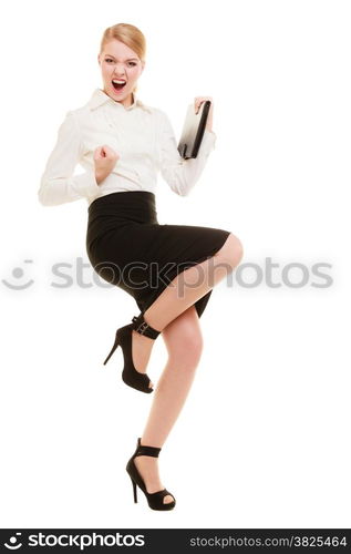 Happy businesswoman woman winner shouting for joy with victory sign hand gesture isolated on white. Success in business work.