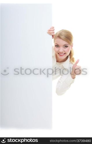 Happy bussines woman with blank presentation board. Girl holds banner sign billboard copy space for text making thumb up gesture. Isolated on white background.