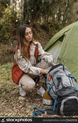 happy camping girl forest packing