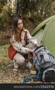 happy camping girl forest packing