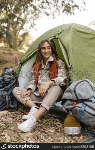 happy camping girl forest sitting tent