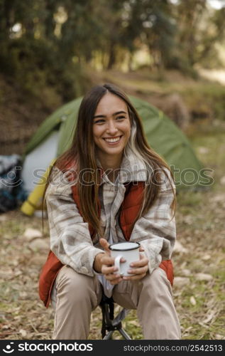 happy camping girl forest smiling