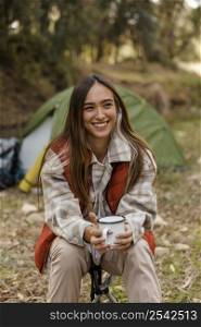 happy camping girl forest smiling