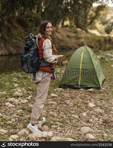 happy camping girl forest tent