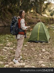 happy camping girl forest tent