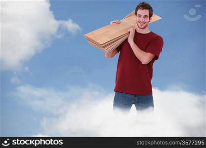 Happy carpenter standing in a cloud