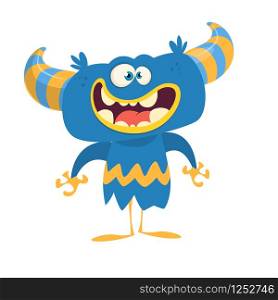Happy cartoon monster with horns. Vector illustration