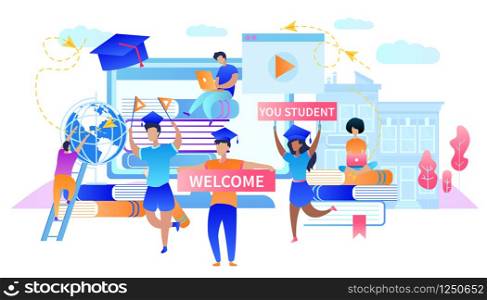 Happy Cartoon Students. Group of Young People Meet Incoming Students to University Holding Large Banners with Inscription Welcome You Student. Institute Building Background. Flat Vector Illustration. Young People Meet Incoming Students to University