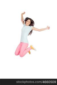 Happy casual girl jumping isolated on a white background