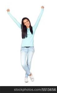 Happy Casual Girl with Victory Expression Isolated on White
