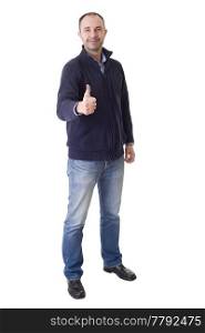 happy casual man full body, going thumb up, isolated in a white background