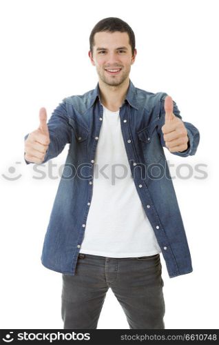 happy casual man going thumb up, isolated on white