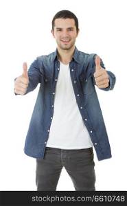 happy casual man going thumb up, isolated on white