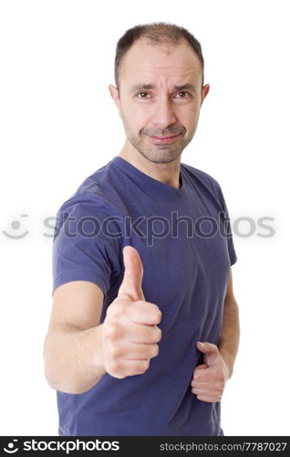 happy casual man going thumbs up, isolated on white background