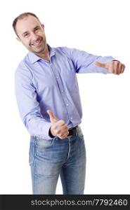 happy casual man going thumbs up, isolated on white background