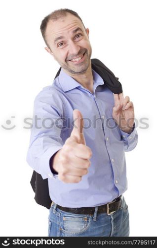 happy casual man going thumbs up, isolated on white background