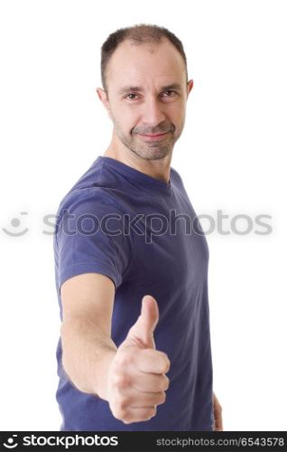 happy casual man going thumbs up, isolated on white background. thumb up