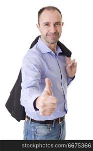 happy casual man going thumbs up, isolated on white background. thumb up