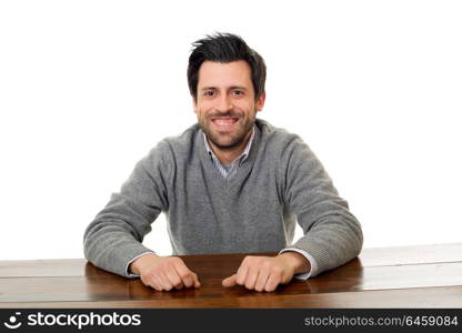 happy casual man on a desk, isolated on white background
