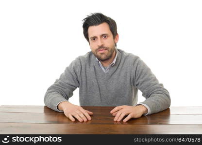 happy casual man on a desk, isolated on white background. happy man