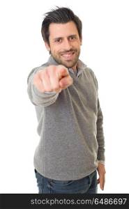 happy casual man pointing, isolated on white. pointing