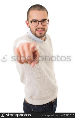 happy casual man pointing, isolated on white. pointing