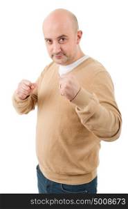 happy casual man showing his fists isolated on white background