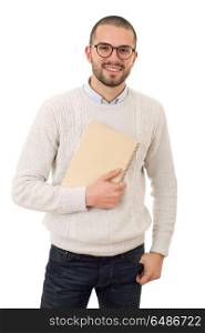 happy casual man student with a book, isolated on white background. happy casual man