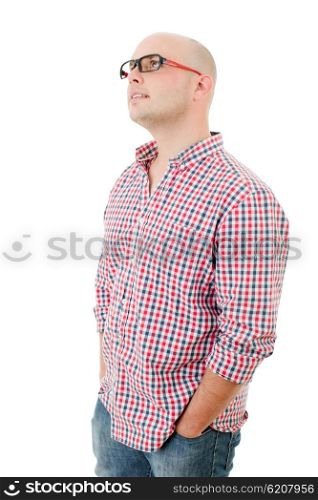 happy casual man thinking, isolated on white background