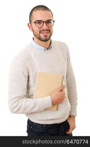 happy casual man with a book, isolated on white background. happy casual man