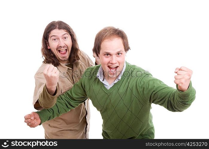 Happy casual men posing, isolated over white background