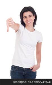 happy casual woman with thumbs down on an isolated white background