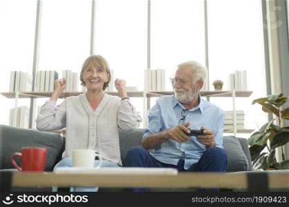 Happy Caucasian senior couple playing games at home