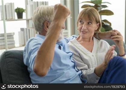 Happy Caucasian senior couple relaxing in living room at home