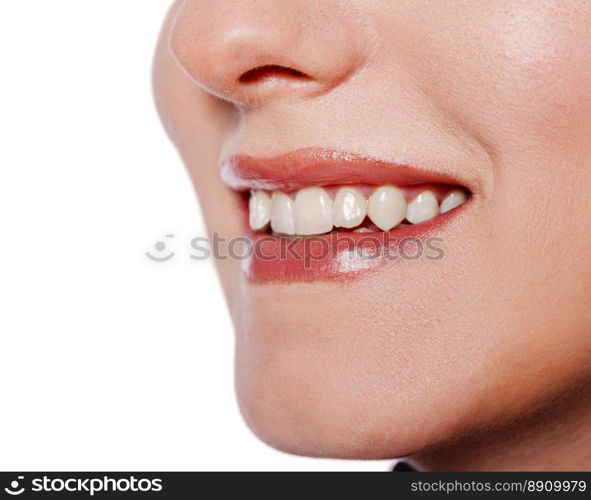 Happy cheerful girl’s smile with white teeth isolated on white. beautiful female smile