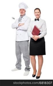 Happy chef and waiter posing in the studio on a white background