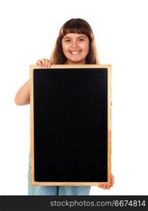 Happy child holding a blank slate . Happy child holding a blank slate isolated on a white background