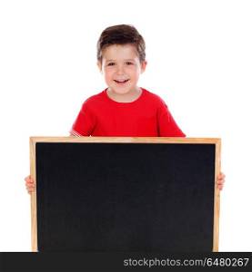 Happy child holding a blank slate. Happy child holding a blank slate isolated on a white background
