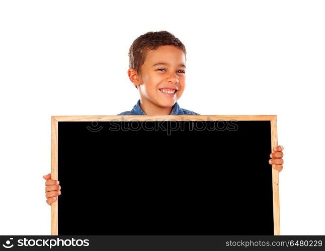 Happy child holding a blank slate isolated on a white background