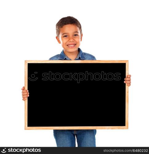 Happy child holding a blank slate isolated on a white background