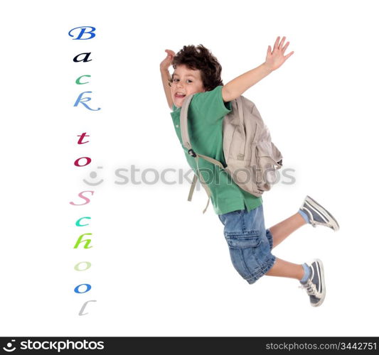 happy child jumping with backpack, back to school