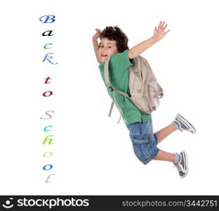 happy child jumping with backpack, back to school