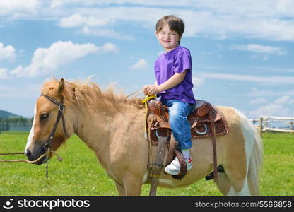 happy child ride farm animal brown pony with blue sky in background and beautiful nature