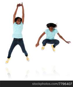 Happy child teenager jumping high in two different poses, isolated.